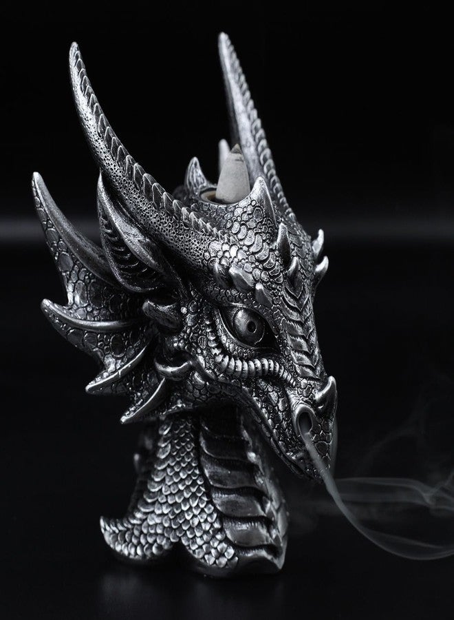 JORAE Breathing Dragon Head Figurine with Backflow Incense Burner Smoking Dragon Statue Gothic Collectible Sculptures Home Decor Table Aromatherapy, Polyresin, Silver - Image 2